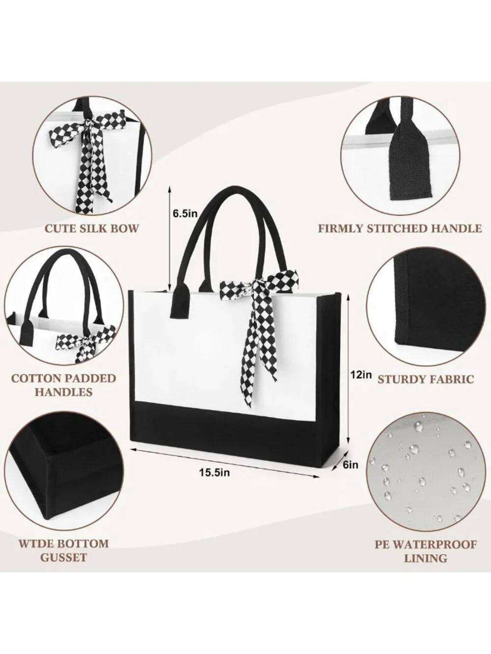 Large Waterproof Canvas Tote Bags - Reusable Blank Grocery Bags with Handles